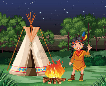 印第安帐篷在 campfir 的红印第安人插画