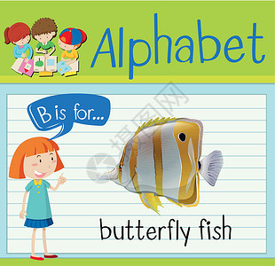 蝴蝶鱼抽认卡字母 B 是蝴蝶 fis插图工作夹子演讲绘画学习哺乳动物生物孩子教育设计图片