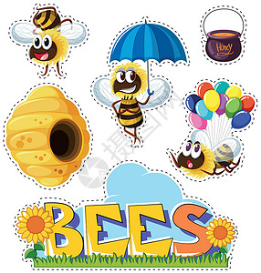 转剪贴画蜜蜂和蜂巢的贴纸设计生物昆虫动物小路气球剪裁艺术热带蜂蜜夹子插画