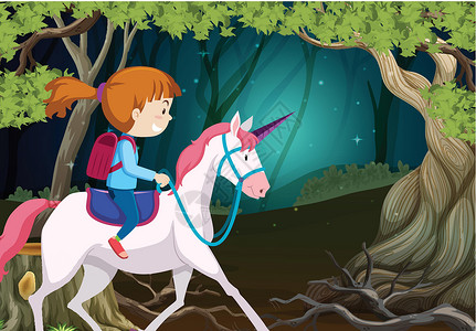 木头摇摇马一个骑着独角兽的女孩在附近插画