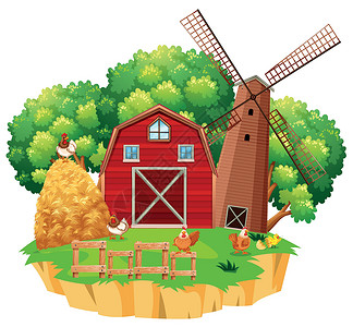 田横岛带红色谷仓和木制风车的农场场景插画