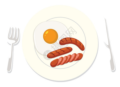 美式香肠在白色背景上的美式早餐插画