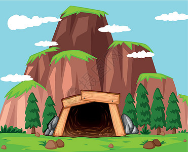 树洞穴山上的矿山入口插画