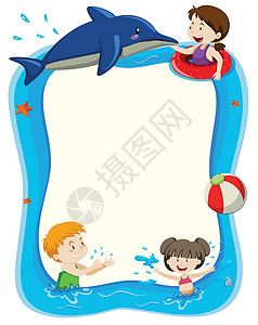 海豚戏球孩子们在水里玩耍的空白横幅插画