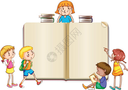 带孩子阅读书的边框模板小路女孩笔记故事教育木板横幅绘画故事书男生背景图片