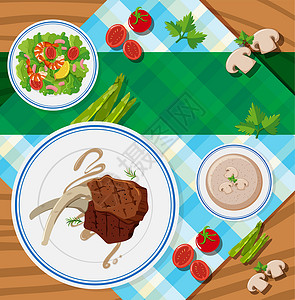 羊排汤牛排和沙拉的餐桌场景插画