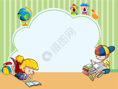 木板活动框带孩子阅读书的边框模板横幅夹子边界插图瞳孔女孩活动童年青年男生插画
