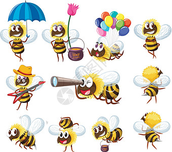 巴克法斯特蜜蜂蜜蜂在不同的行动插画