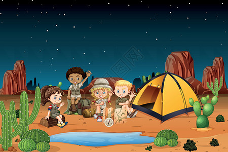 沙漠露营晚上在沙漠中露营的孩子插画