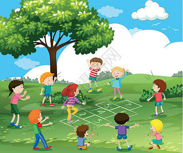 快乐的孩子们在标准杆上玩跳房子瞳孔童年夹子孩子公园插图女孩学生风景青年插画
