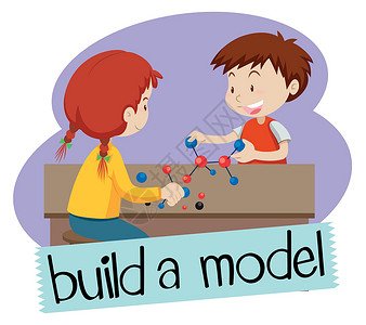 语言模型两个学生搭建模型的字卡插画