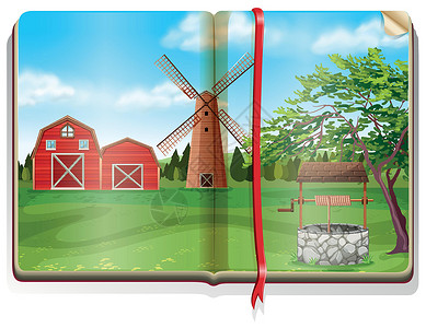 书签剪贴画带谷仓和风车的农场插画