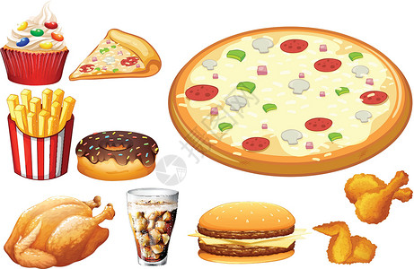 油炸圈饼不同种类的快餐插图用餐绘画夹子小路烹饪食物艺术汽水薯条插画