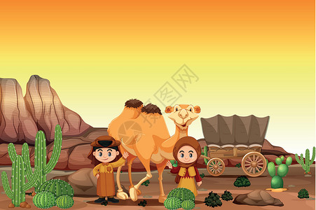 撒哈拉人沙漠中的阿拉伯人骆驼艺术夹子大车绘画插图哺乳动物旅行旅游植物插画
