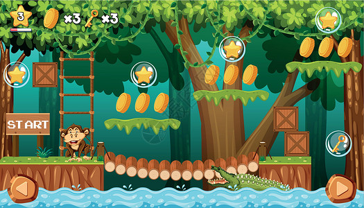 猴子摇树素材丛林游戏模板中的猴子设计图片