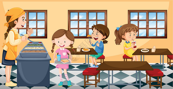 食堂用餐孩子们在食堂吃午饭房间广场食物夹子青年学校学生插图美食女孩插画