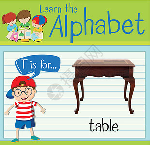 抽认卡字母 T 用于表格活动工作桌子绿色家具孩子夹子孩子们插图海报背景图片