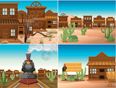 沙漠铁路四个西部场景与建筑物和火车插画
