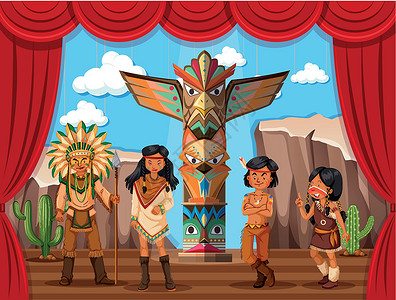 图腾柱雄鹿上的美洲原住民部落插画