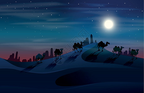 沙漠中的骆驼绘画热带夹子卡通片荒野月亮旅行艺术插图风景背景图片