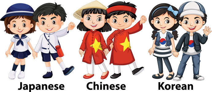 国籍来自不同国家的亚裔儿童插画
