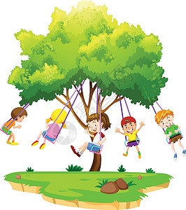 坐在树上的孩子们童年喜悦女孩卡通片活动花园绘画女孩们艺术夹子背景图片
