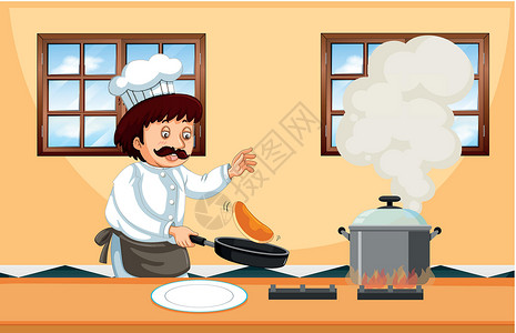 厨房夹子专业厨师煮火锅餐厅卡通片男性微笑职业商业食物工作插图绘画插画