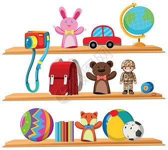 木架上的玩具和书籍娃娃相机木偶插图悠悠球艺术书包地球小路足球背景图片