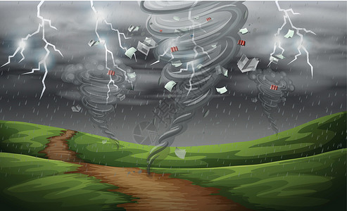 风暴云中闪电自然界的旋风绘画螺旋气候雷雨漩涡飓风闪电危险风暴夹子插画