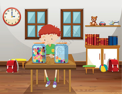 大理石玩具男孩和两个带弹珠的罐子在课堂上插画