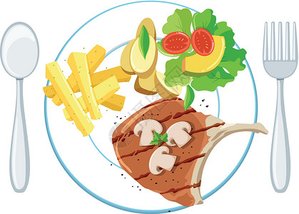 番茄牛腩汤锅一盘猪排薯条和沙拉插画