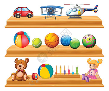 篮球架子不同类型的球和玩具在架子上插画