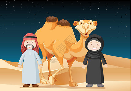 迪拜沙漠人们带着 Came 在沙漠中旅行插画