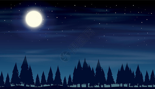 阿甘树与剪影木头的夜场面插画