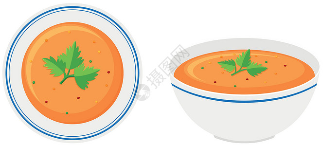 奶油南瓜汤碗里的蔬菜汤盘子插图小路剪裁用餐菜单烹饪午餐用具早餐插画
