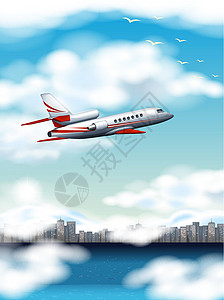 天与湖白天飞机飞越城市的场景设计图片