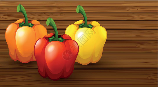 红色蔬菜木制背景上的三种不同甜椒插画