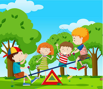 玩跷跷板男孩孩子们在公园里玩跷跷板青年活动朋友们绘画花园瞳孔乐趣艺术童年夹子设计图片