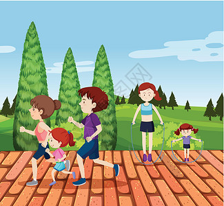 家庭跑步人们在标准杆上锻炼花园跳绳公园家庭艺术绳索运动跑步绘画活动插画