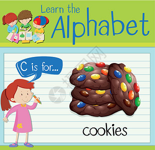 孩子吃饼干抽认卡字母 C 用于 cookie绿色插图学习小吃饼干孩子夹子甜点海报教育设计图片