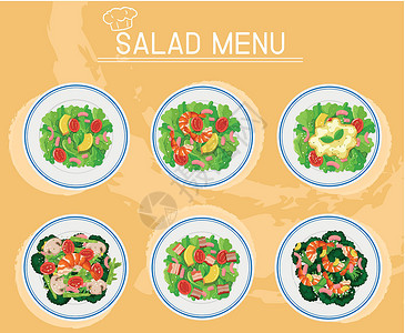 沙拉菜单不同盘子的男人沙拉设计图片