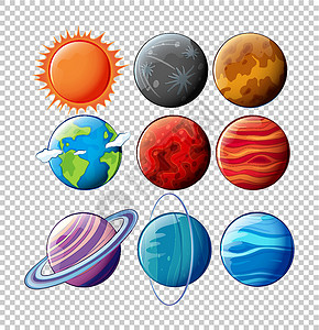 透明背景下太阳系中的不同行星背景图片