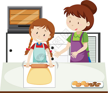 糕点厨房一位母亲教女儿烘焙插画