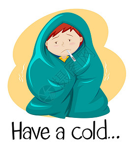 词卡与孩子在 blanke 中感冒的词插画