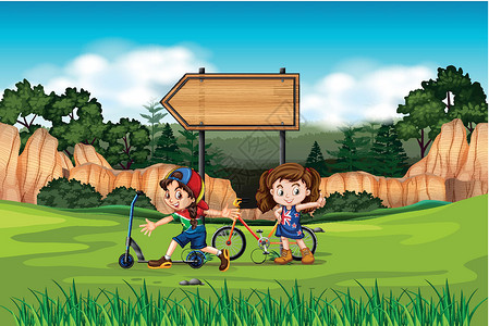 泽兰达有自行车和滑板车的两个女孩插画