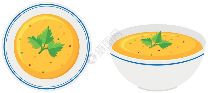 奶油南瓜汤碗中南瓜汤小路蔬菜盘子树叶食物插图用餐剪裁绘画植物插画