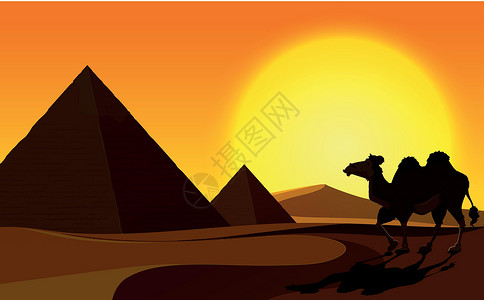 加州棕榈沙漠金字塔和骆驼与沙漠场景卡通片棕榈游客石头艺术地标沙丘旅行动物建筑学插画