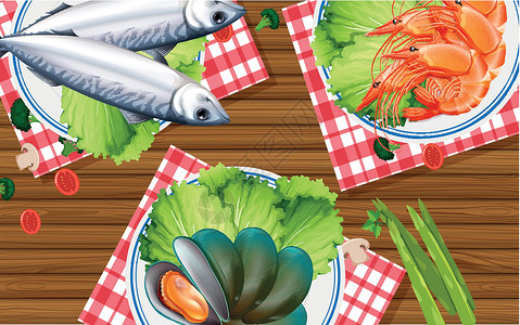 新鲜大鳌虾在木桌上设置的海鲜插画