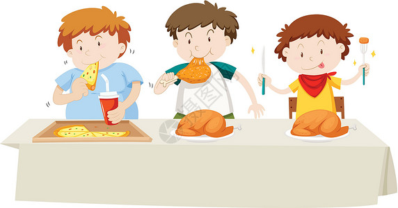 鸡肉披萨三个男孩在餐桌上吃鸡肉和披萨插画