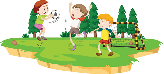 踢足球的男孩们男孩们在球场上踢足球学生夹子足球艺术风景剪裁孩子绘画场地乐趣插画